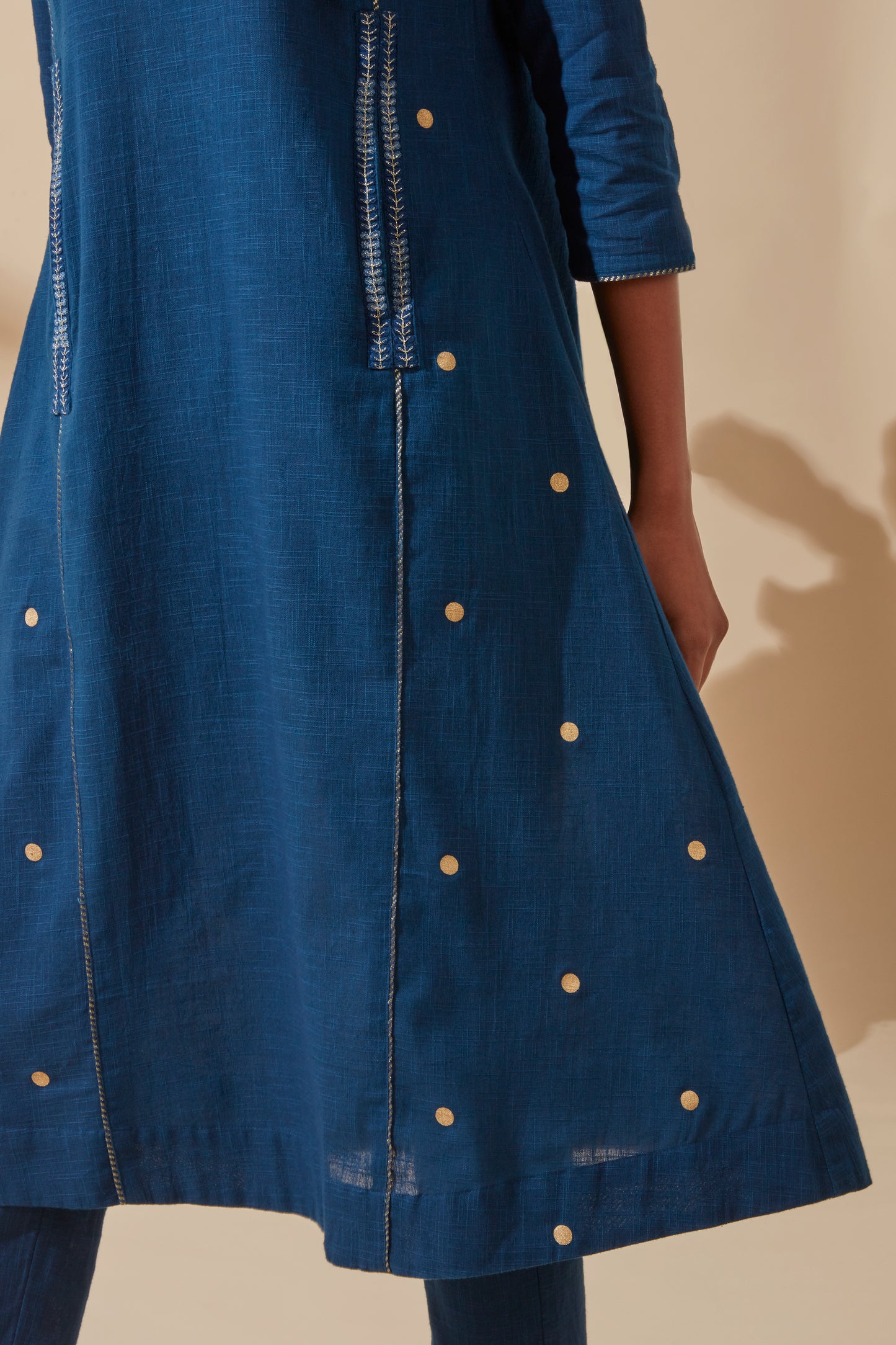 Women's Bohemian Classic 100% Cotton Indigo and Gold Embroidered Kurta with Pockets
