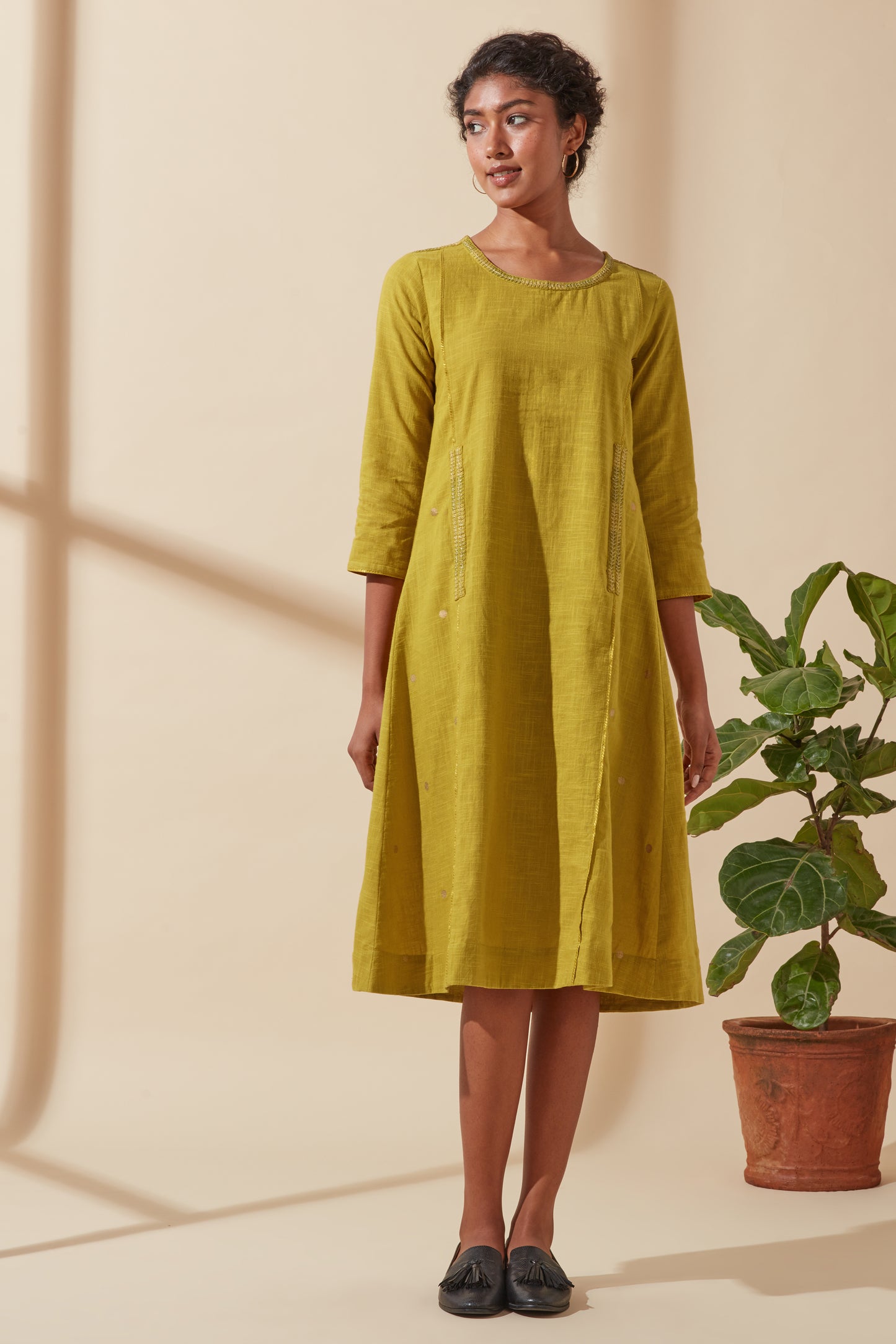 Women's Bohemian Classic 100% Cotton Mustard and Gold Embroidered Kurta with Pockets