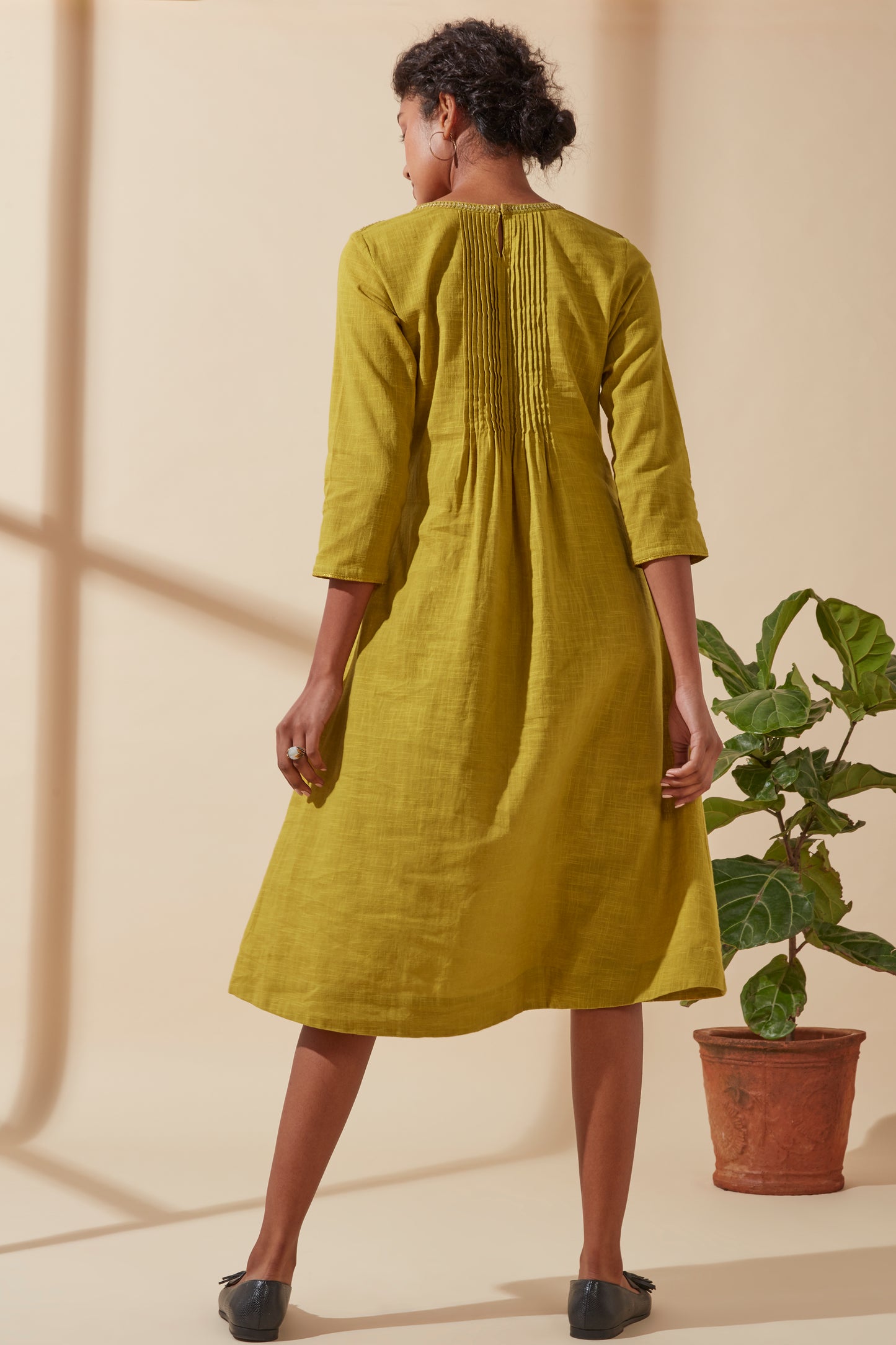 Women's Bohemian Classic 100% Cotton Mustard and Gold Embroidered Kurta with Pockets