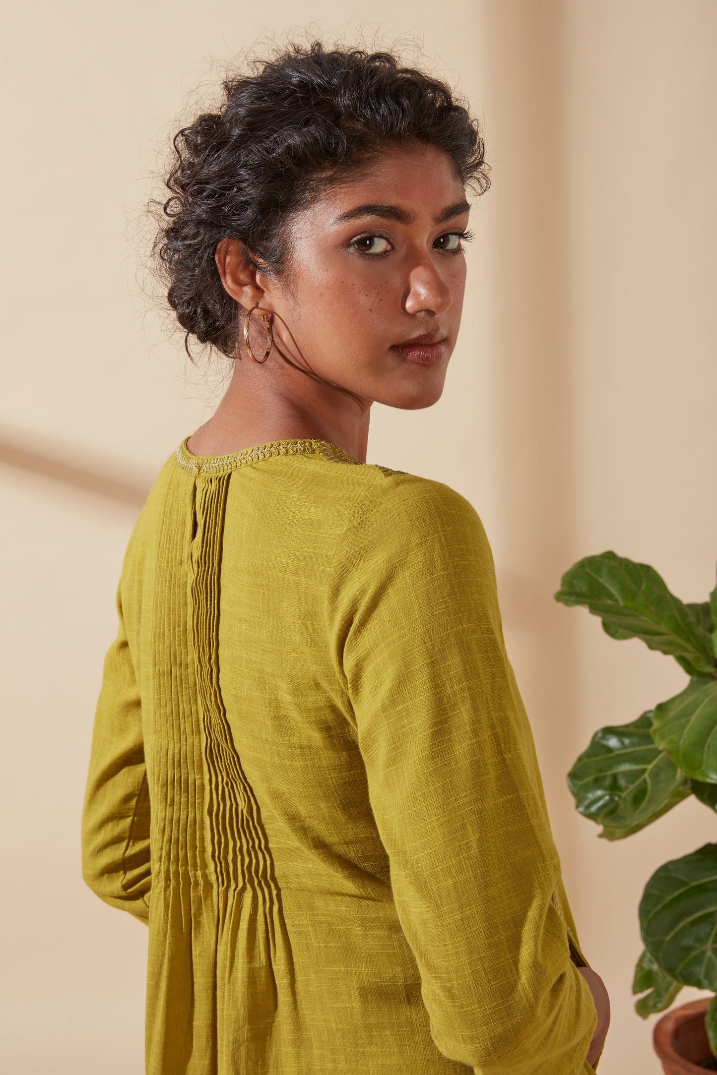 Women's Bohemian Classic 100% Cotton Mustard and Gold Embroidered Kurta with Pockets