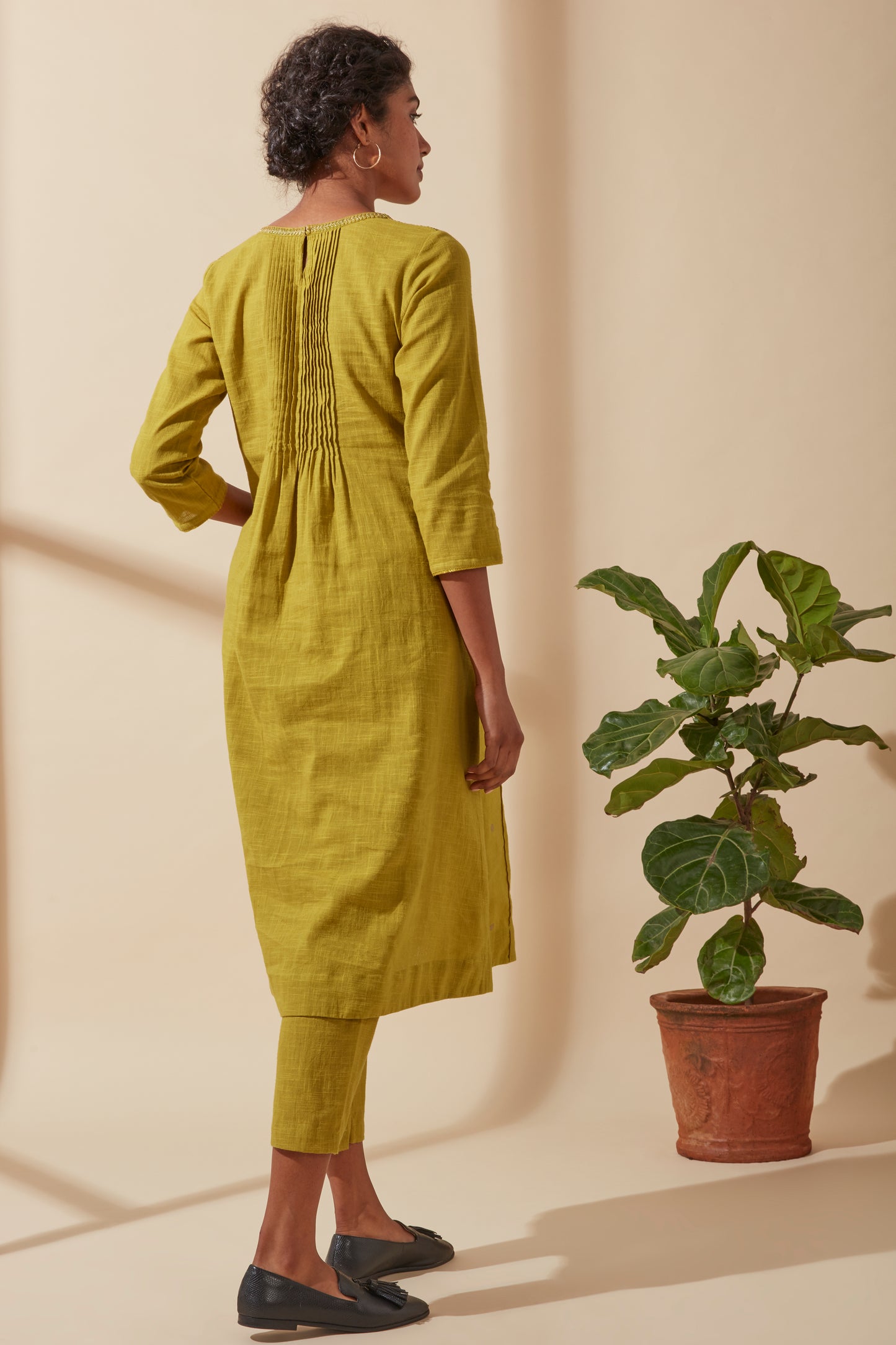 Women's Bohemian Classic 100% Cotton Mustard and Gold Embroidered Kurta with Pockets