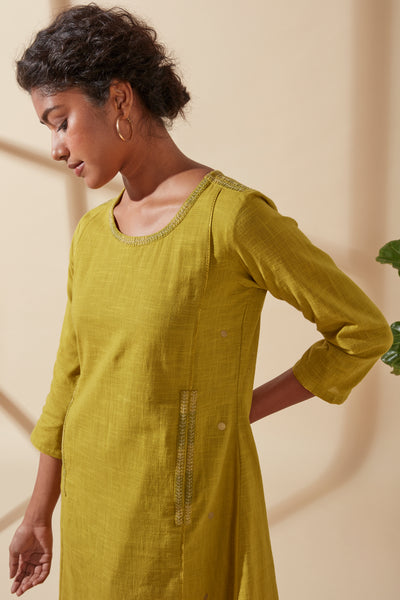 Women's Bohemian Classic 100% Cotton Mustard and Gold Embroidered Kurta with Pockets