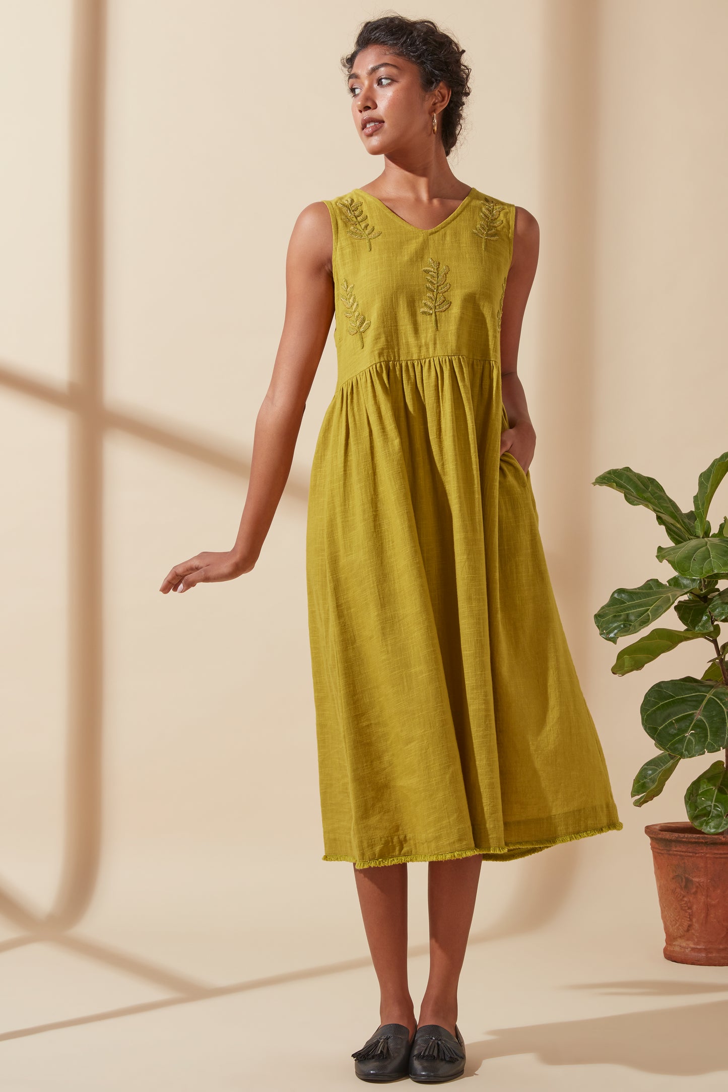 Women's Bohemian Classic 100% Cotton Mustard Embroidered Long Sleeveless Dress