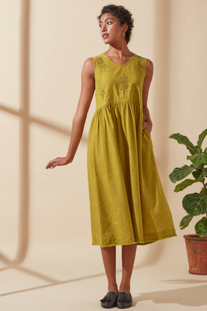 Women's Bohemian Classic 100% Cotton Mustard Embroidered Long Sleeveless Dress