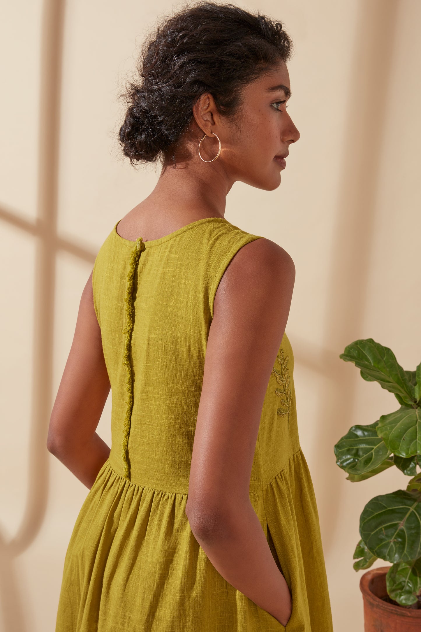 Women's Bohemian Classic 100% Cotton Mustard Embroidered Long Sleeveless Dress