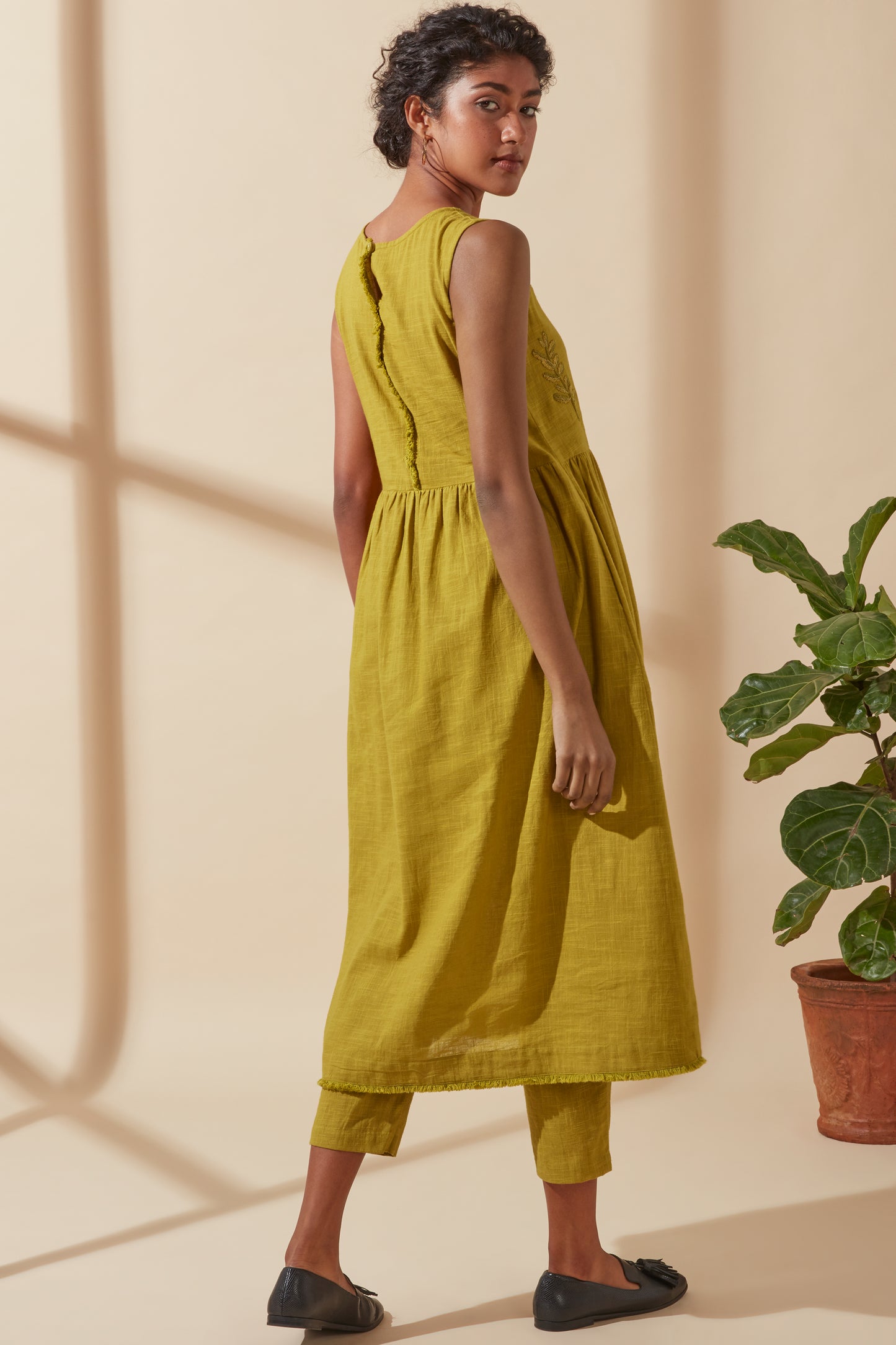 Women's Bohemian Classic 100% Cotton Mustard Embroidered Long Sleeveless Dress