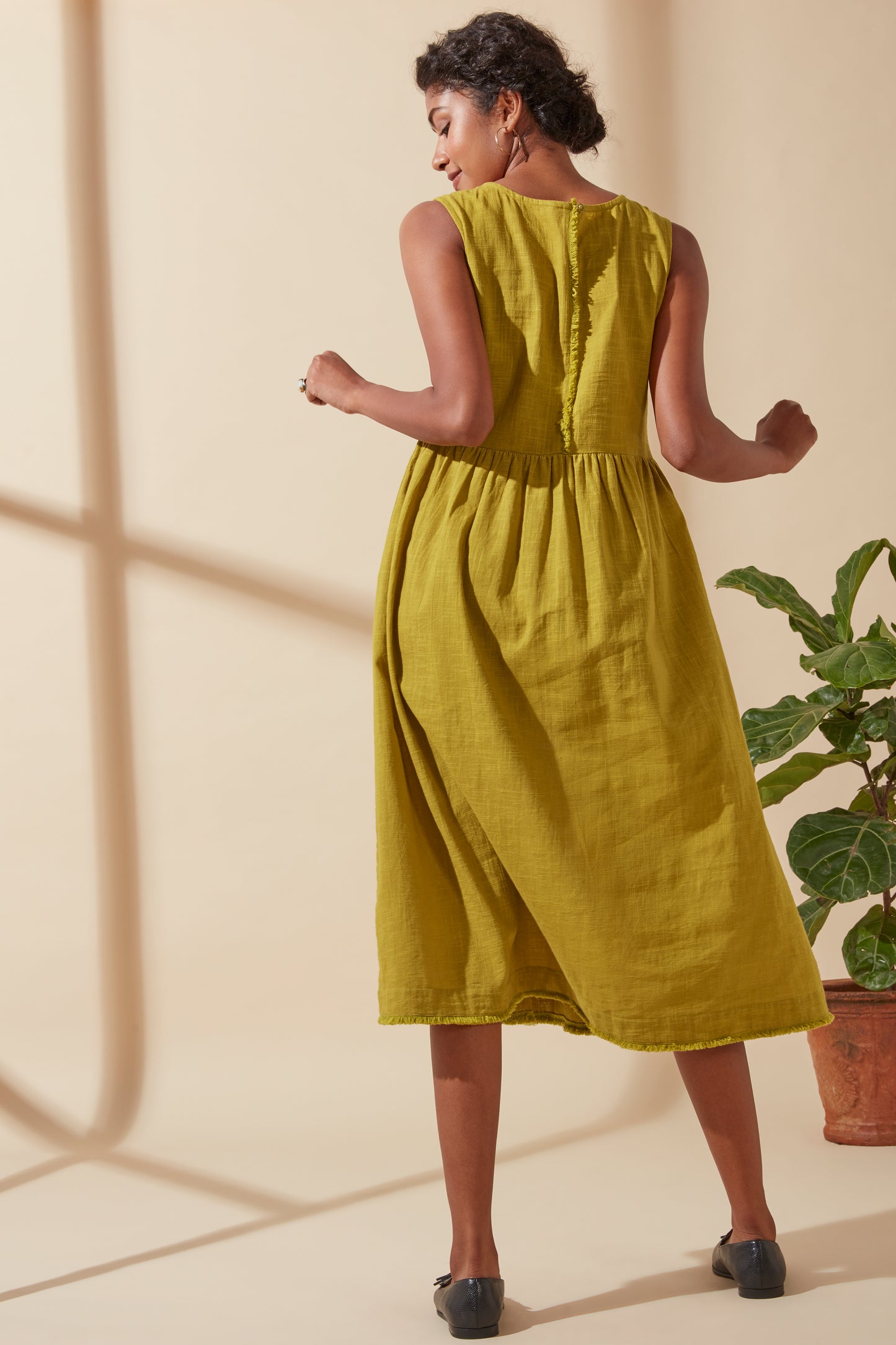 Women's Bohemian Classic 100% Cotton Mustard Embroidered Long Sleeveless Dress