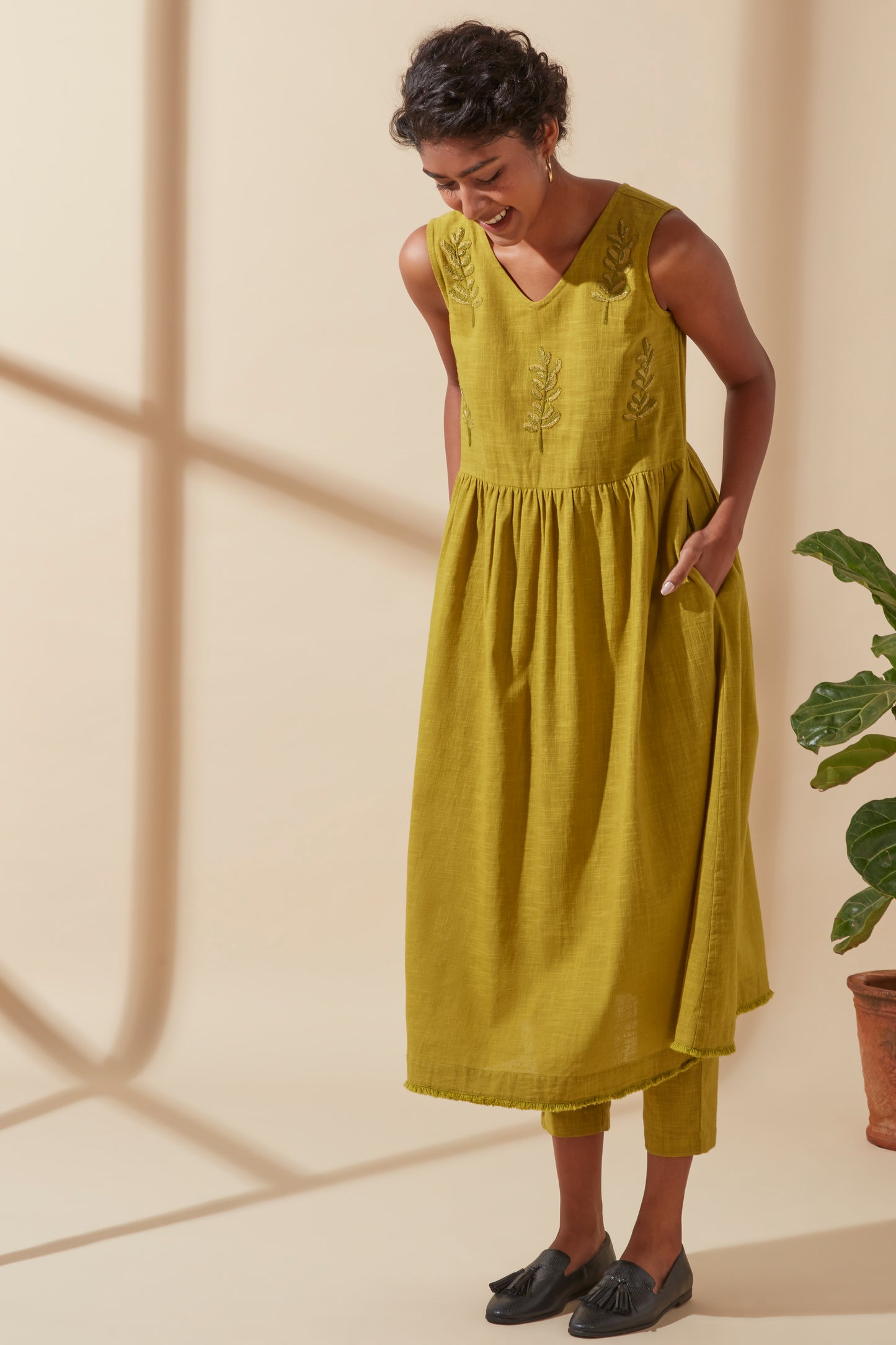 Women's Bohemian Classic 100% Cotton Mustard Embroidered Long Sleeveless Dress