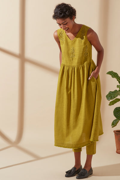 Women's Bohemian Classic 100% Cotton Mustard Embroidered Long Sleeveless Dress