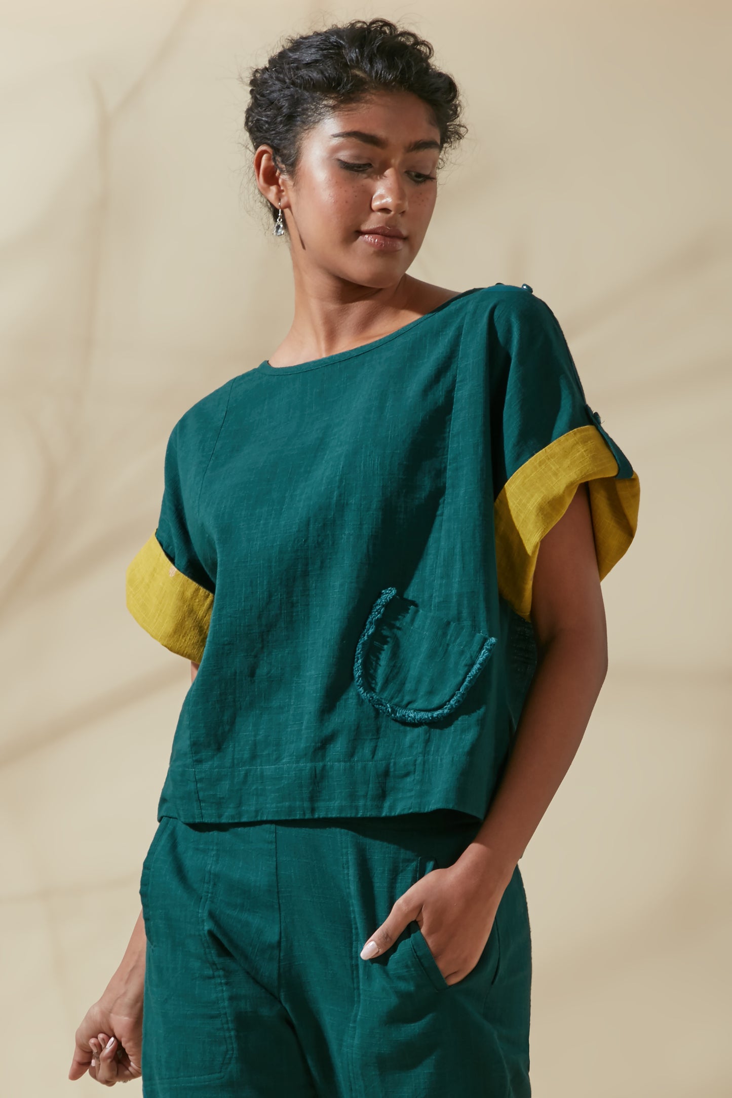 Women's Bohemian Classic 100% Cotton Teal and Mustard Box Top