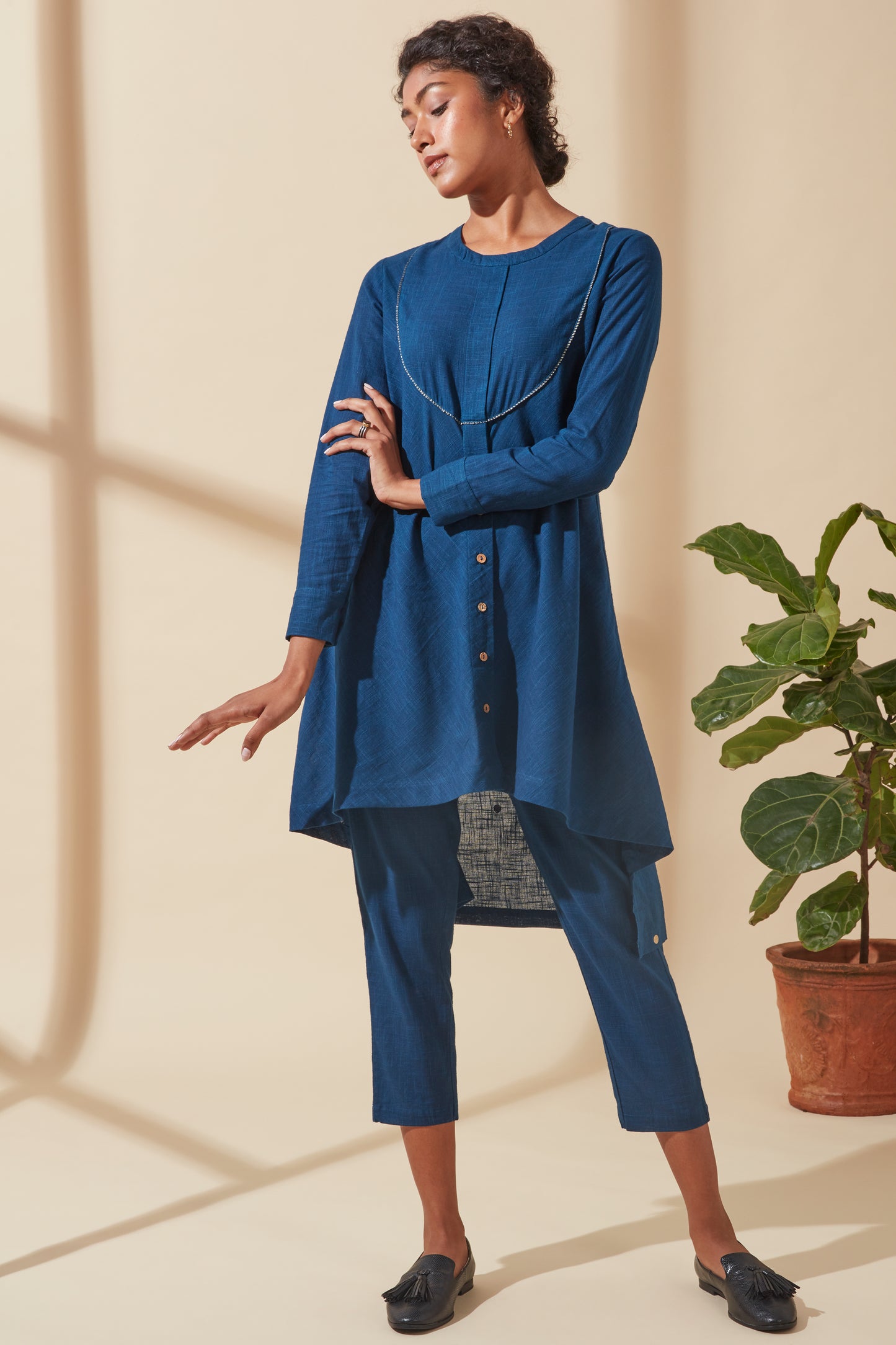 Women's Bohemian Classic 100% Cotton Indigo and Gold Detailing Tunic Top
