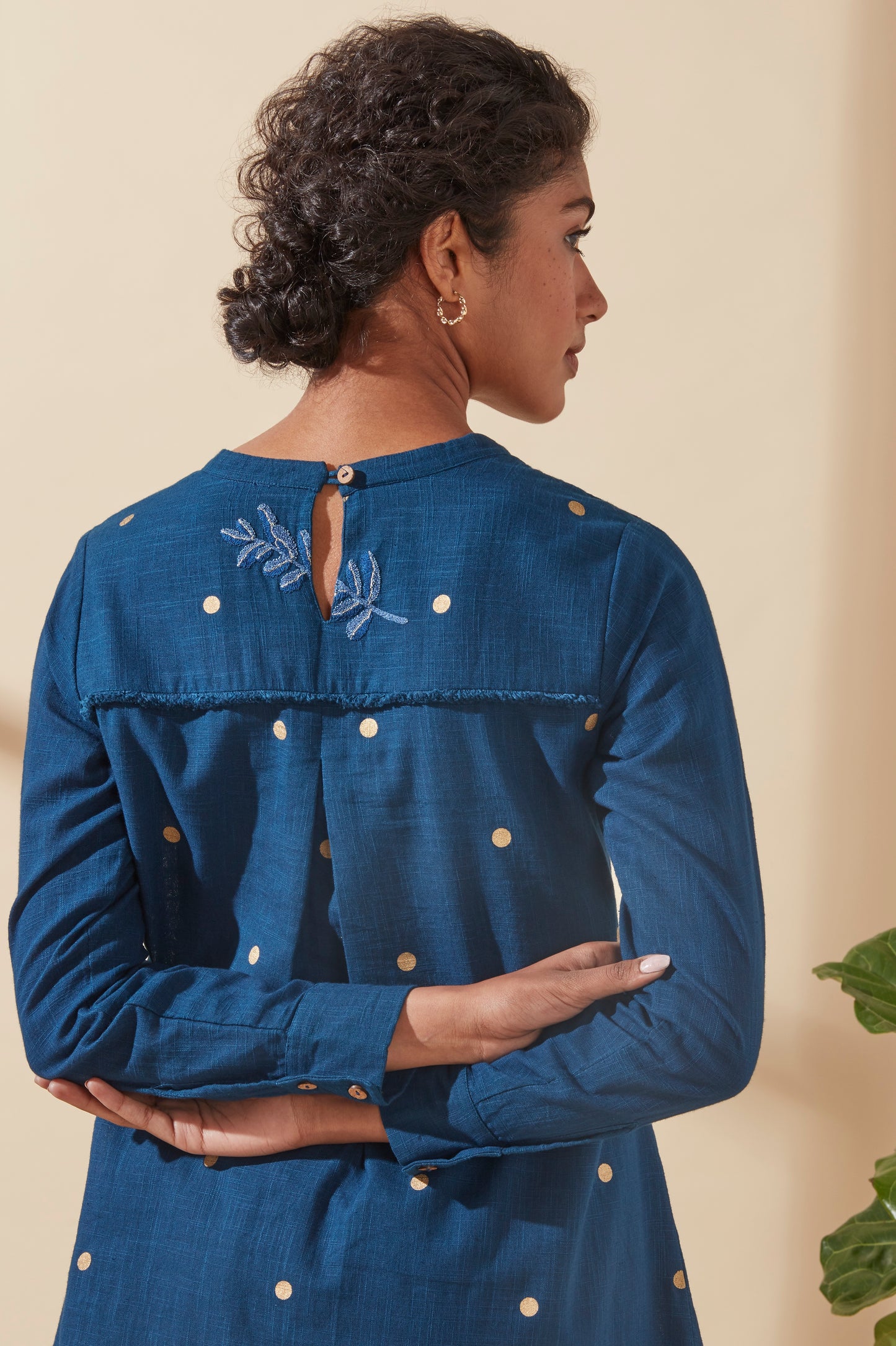 Women's Bohemian Classic 100% Cotton Indigo and Gold Detailing Tunic Top