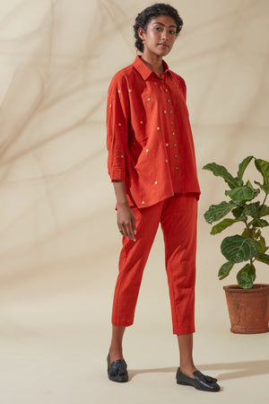 Women's Bohemian Classic 100% Cotton Crimson and Gold Dots Buttoned Shirt