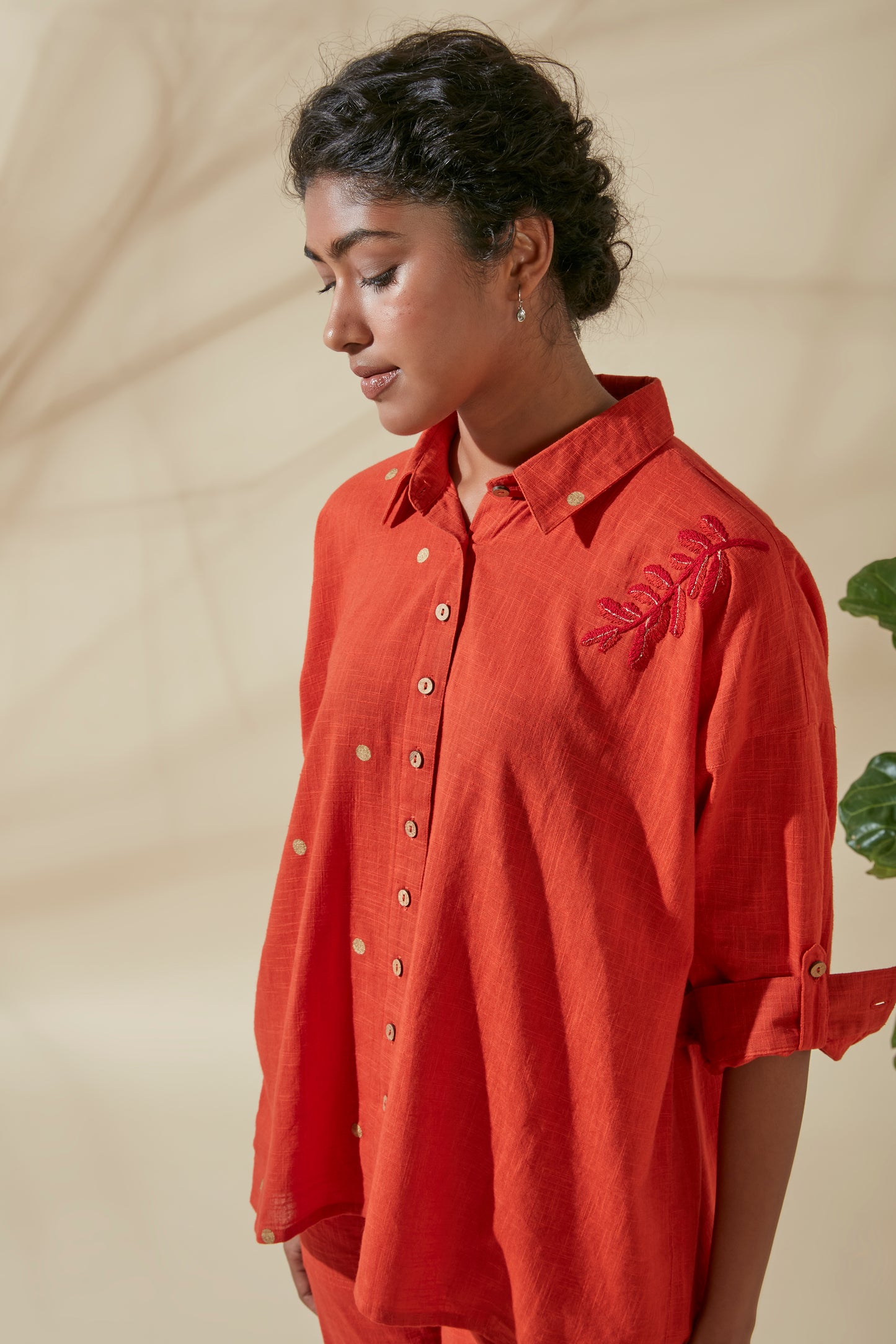 Women's Bohemian Classic 100% Cotton Crimson and Gold Dots Buttoned Shirt