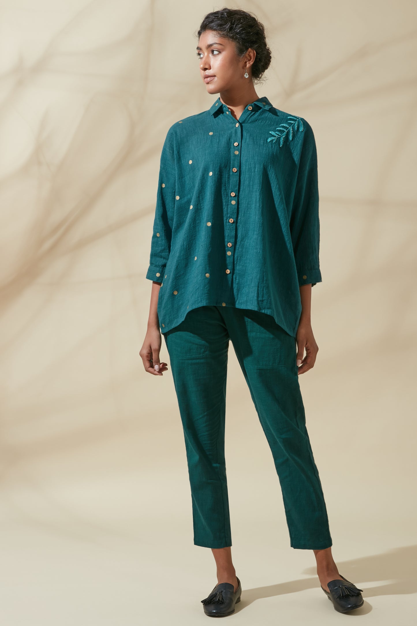 Women's Bohemian Classic 100% Cotton Teal and Gold Dots Buttoned Shirt