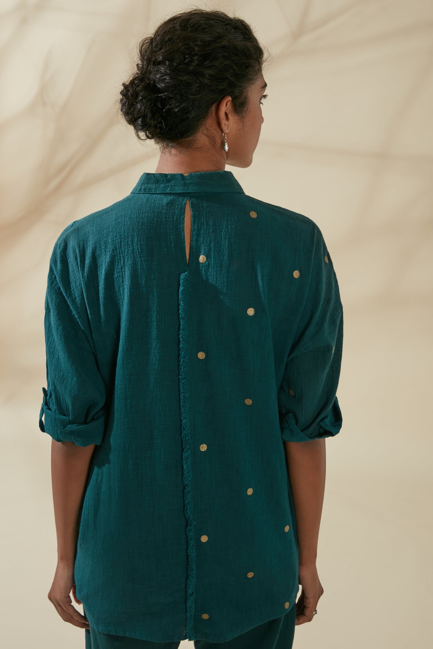 Women's Bohemian Classic 100% Cotton Teal and Gold Dots Buttoned Shirt