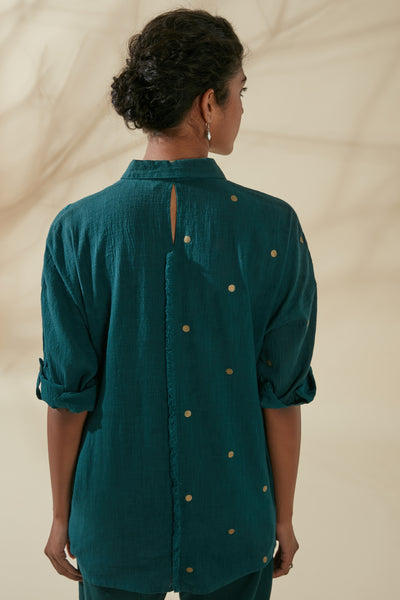 Women's Bohemian Classic 100% Cotton Teal and Gold Dots Buttoned Shirt