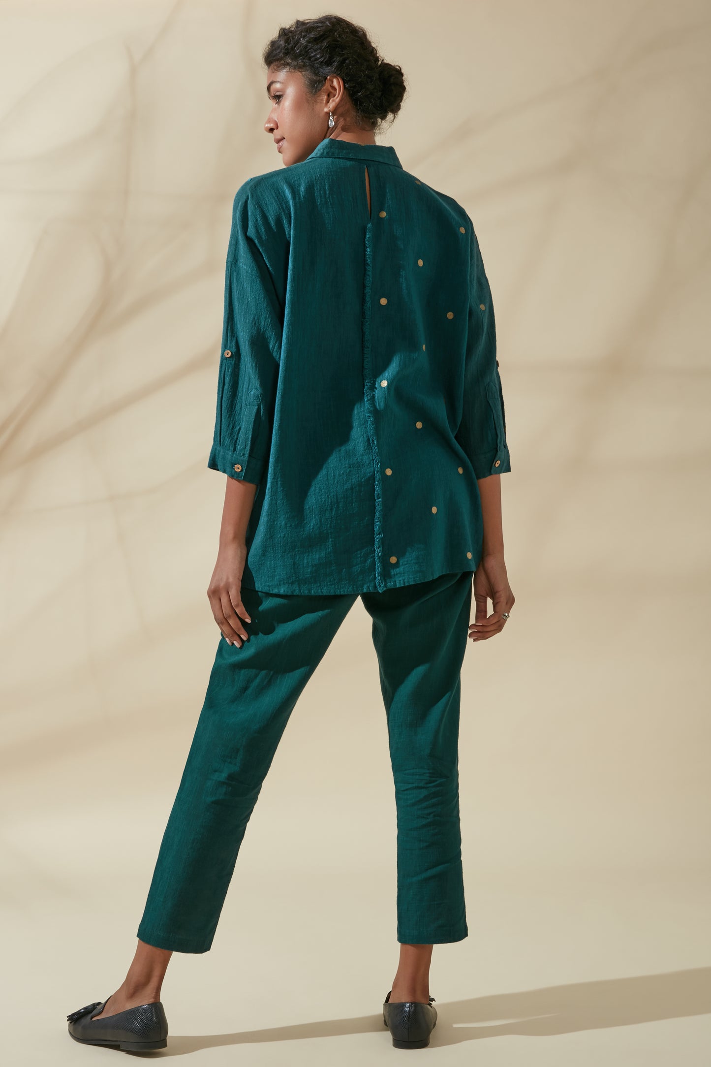 Women's Bohemian Classic 100% Cotton Teal and Gold Dots Buttoned Shirt