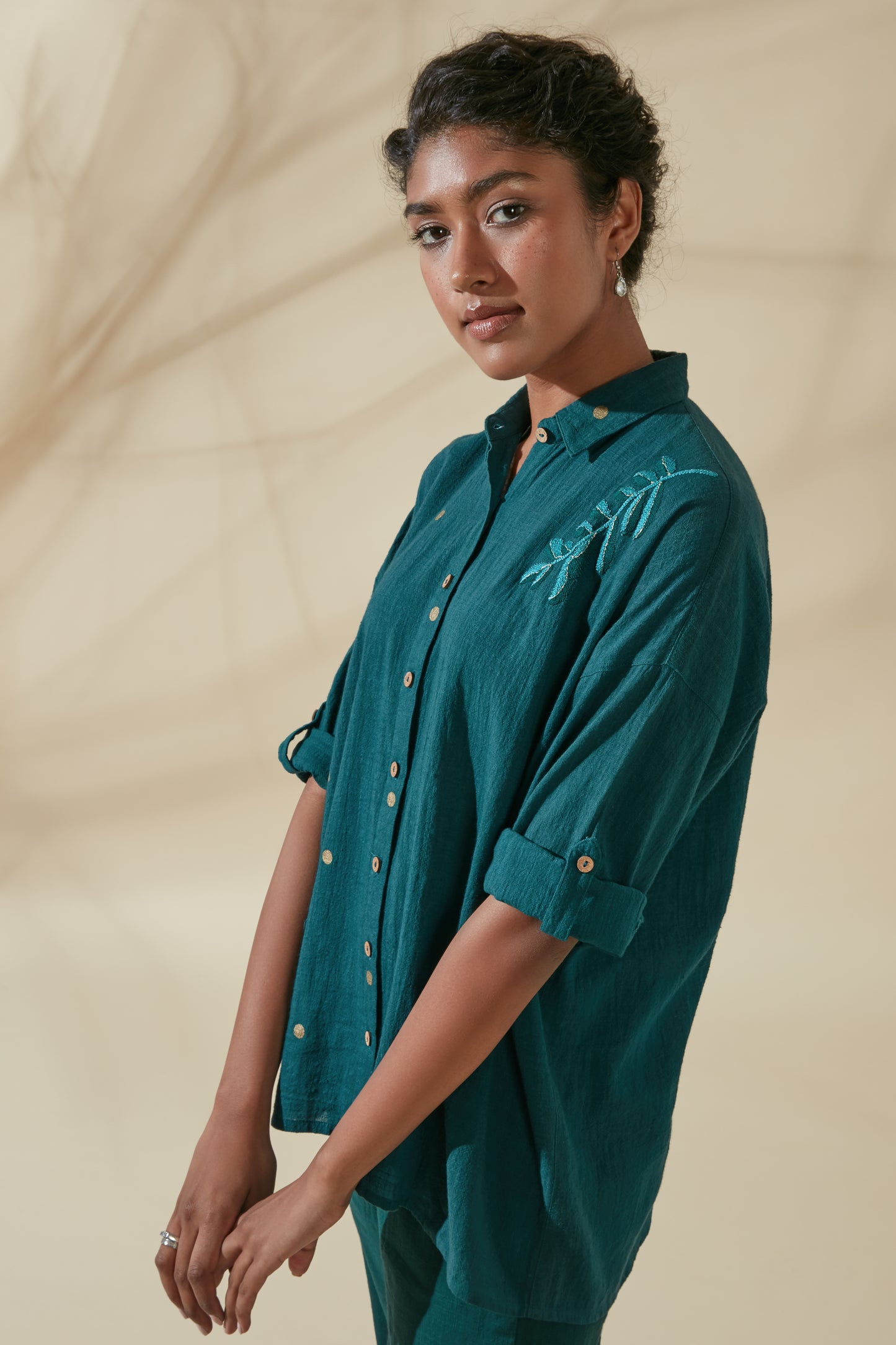 Women's Bohemian Classic 100% Cotton Teal and Gold Dots Buttoned Shirt