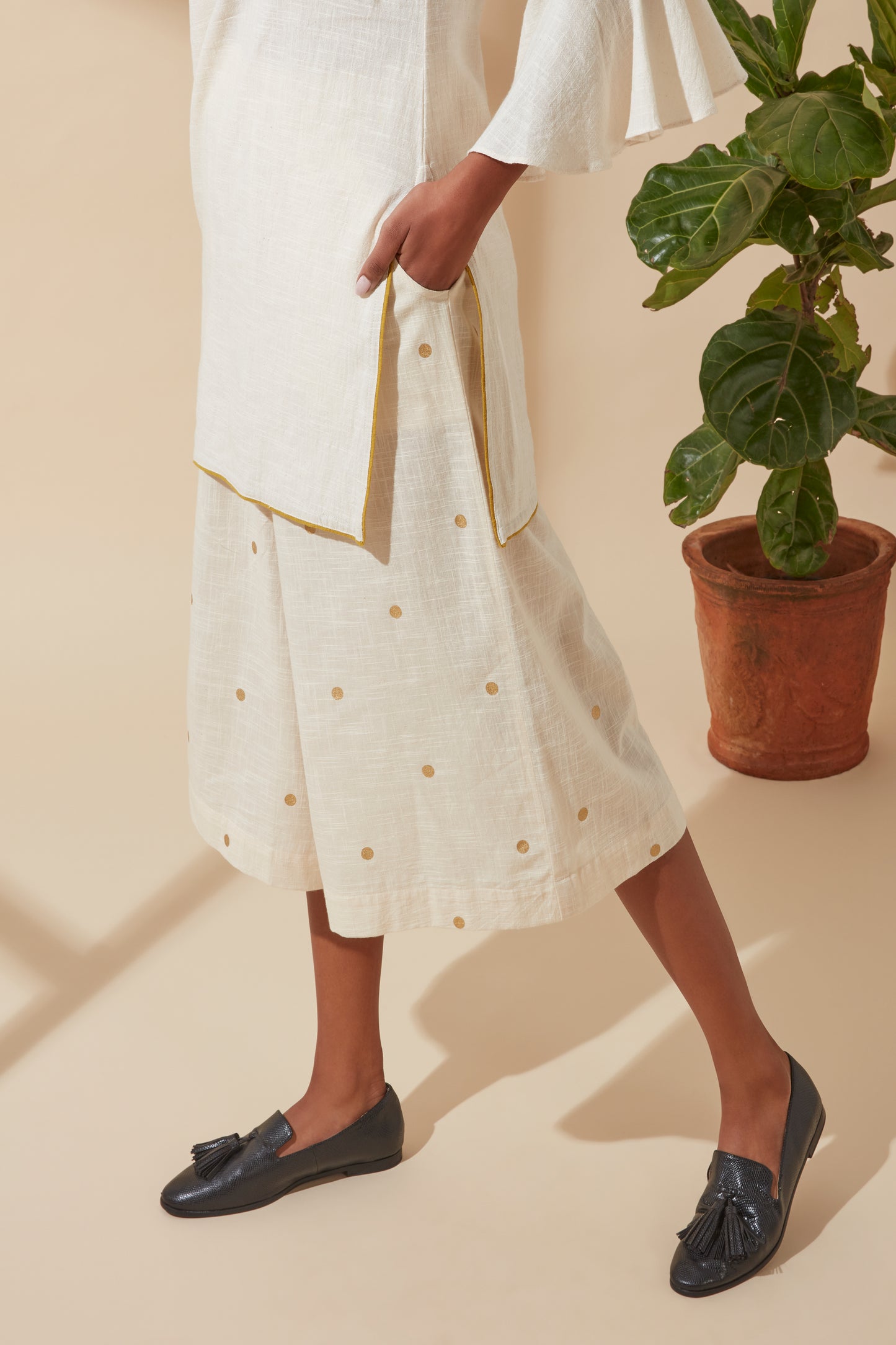 Women's Bohemian Classic 100% Cotton Cream and Gold Flared Culotte Pants