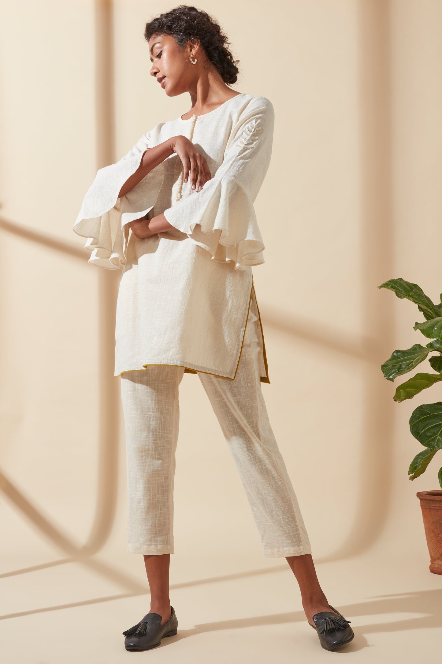 Women's Bohemian Classic 100% Cotton Cream Bell-Sleeve Tunic