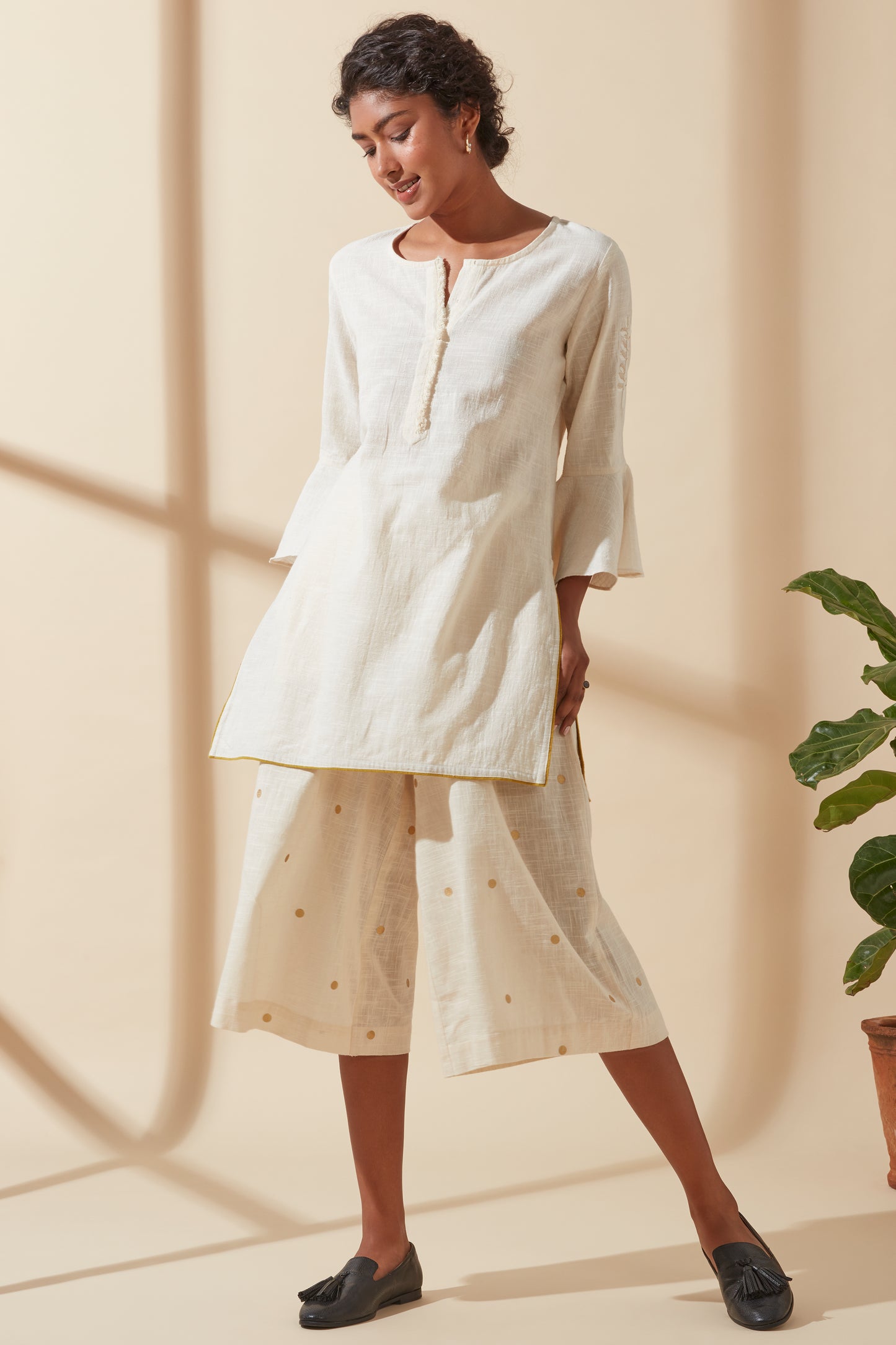 Women's Bohemian Classic 100% Cotton Cream Bell-Sleeve Tunic