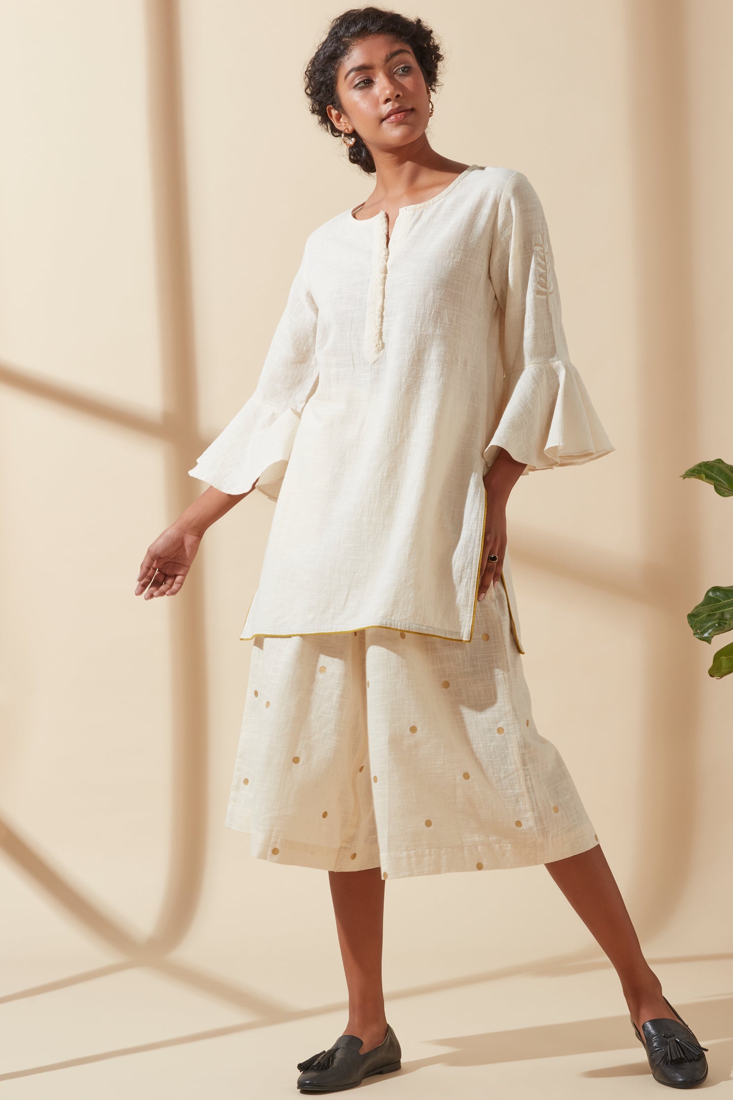 Women's Bohemian Classic 100% Cotton Cream Bell-Sleeve Tunic