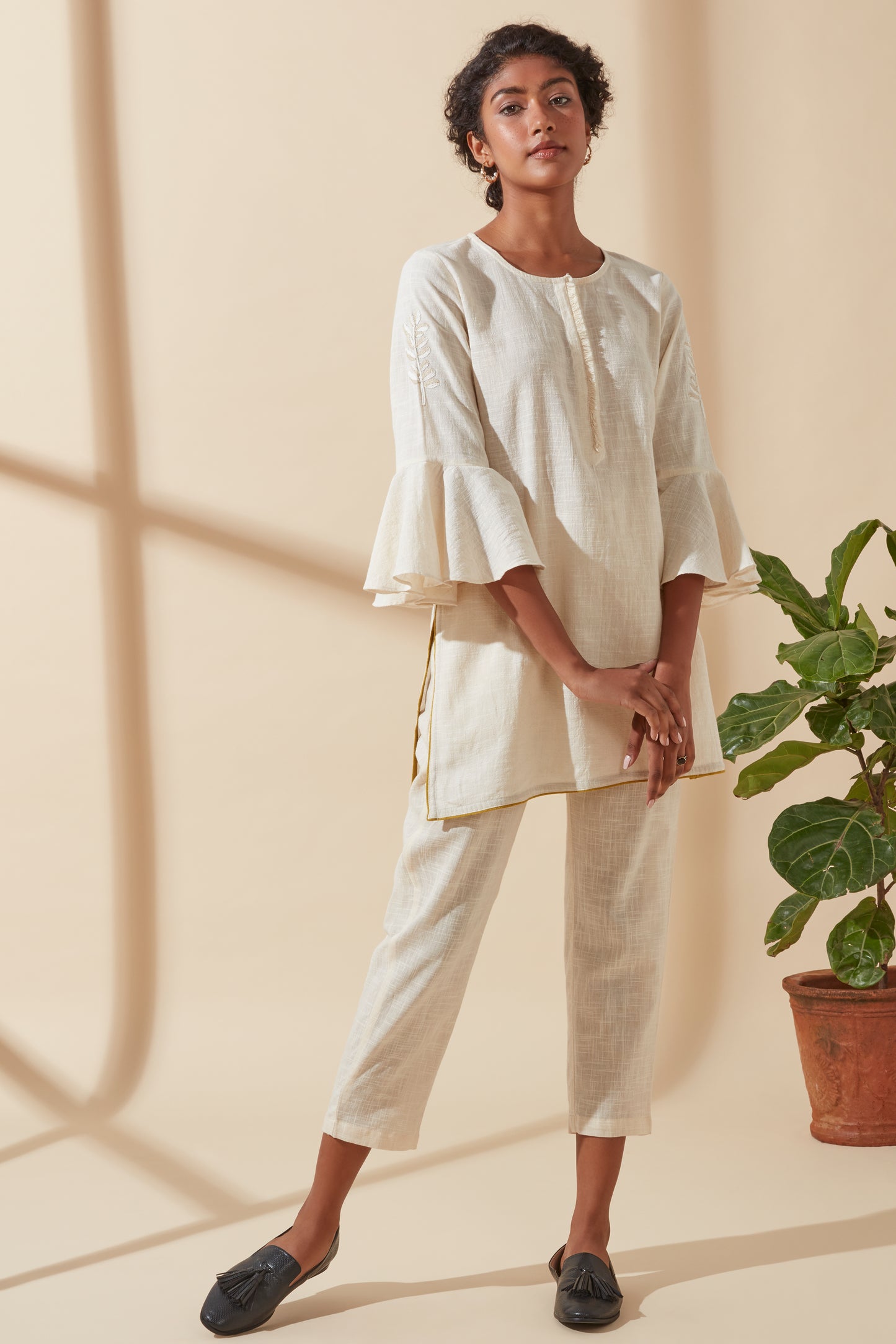 Women's Bohemian Classic 100% Cotton Cream Bell-Sleeve Tunic