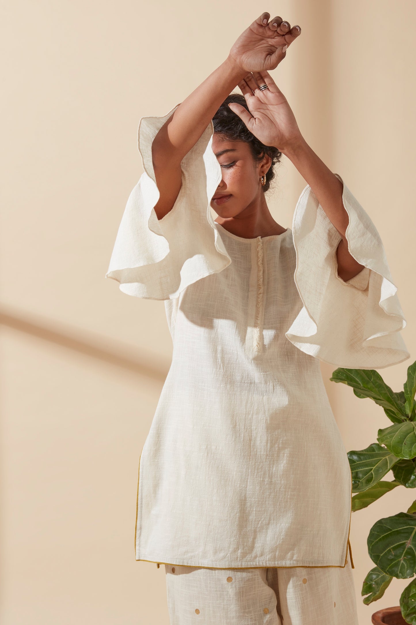 Women's Bohemian Classic 100% Cotton Cream Bell-Sleeve Tunic