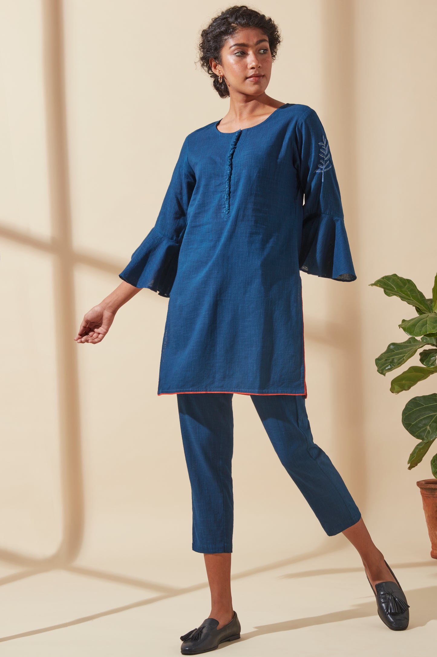 Women's Bohemian Classic 100% Cotton Indigo Bell-Sleeve Tunic