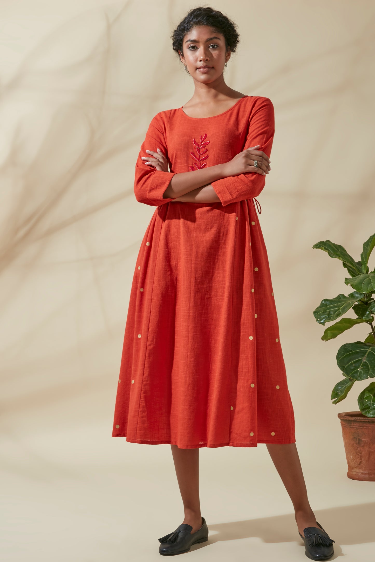 Women's Bohemian Classic 100% Cotton Crimson and Gold Tie Up Kurta Dress