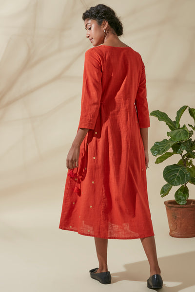 Women's Bohemian Classic 100% Cotton Crimson and Gold Tie Up Kurta Dress