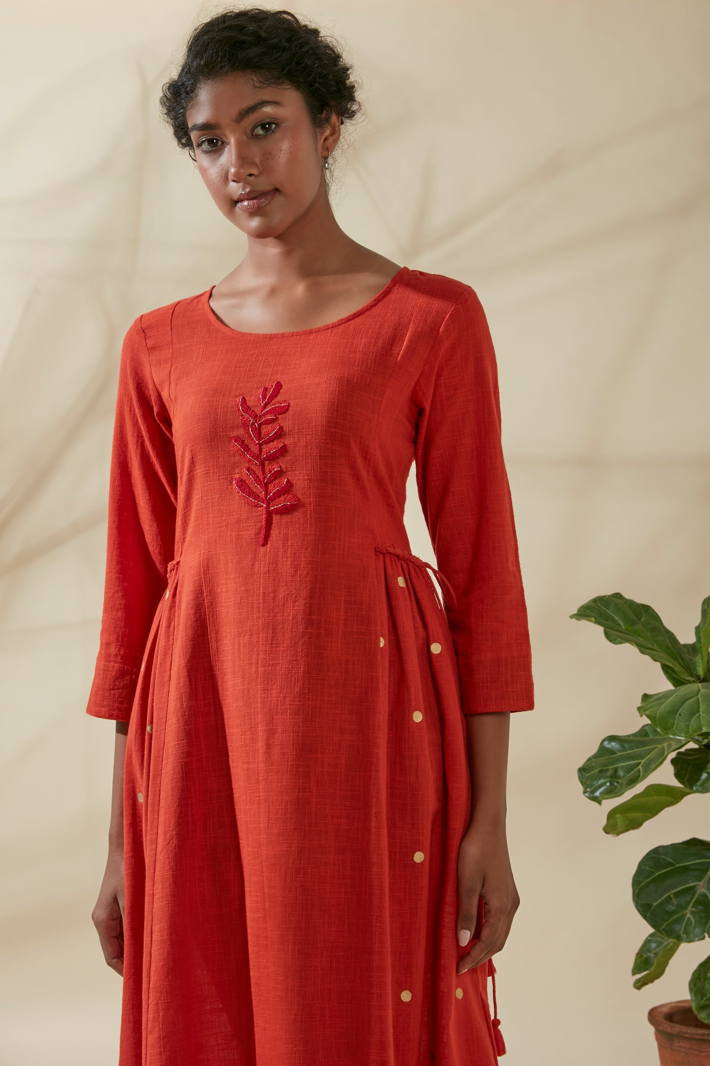 Women's Bohemian Classic 100% Cotton Crimson and Gold Tie Up Kurta Dress