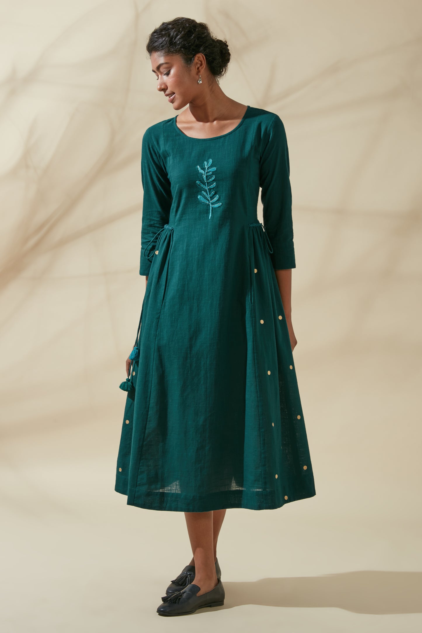 Women's Bohemian Classic 100% Cotton Teal and Gold Tie Up Kurta Dress