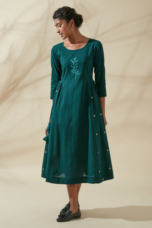 Women's Bohemian Classic 100% Cotton Teal and Gold Tie Up Kurta Dress