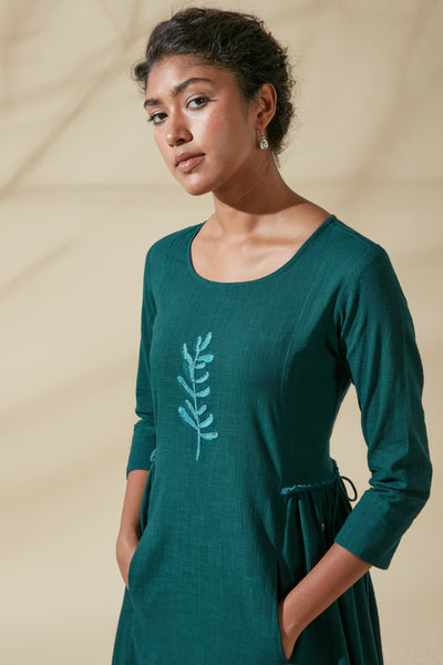 Women's Bohemian Classic 100% Cotton Teal and Gold Tie Up Kurta Dress