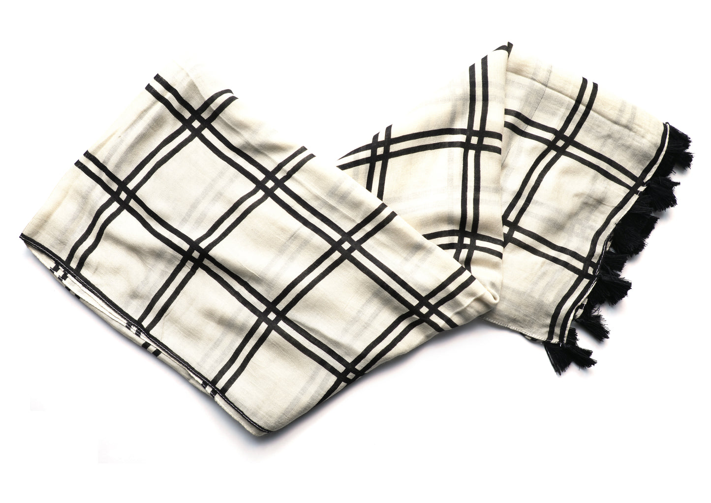 Classic Black and White Plaid Pattern Handwoven Scarf; Off-White