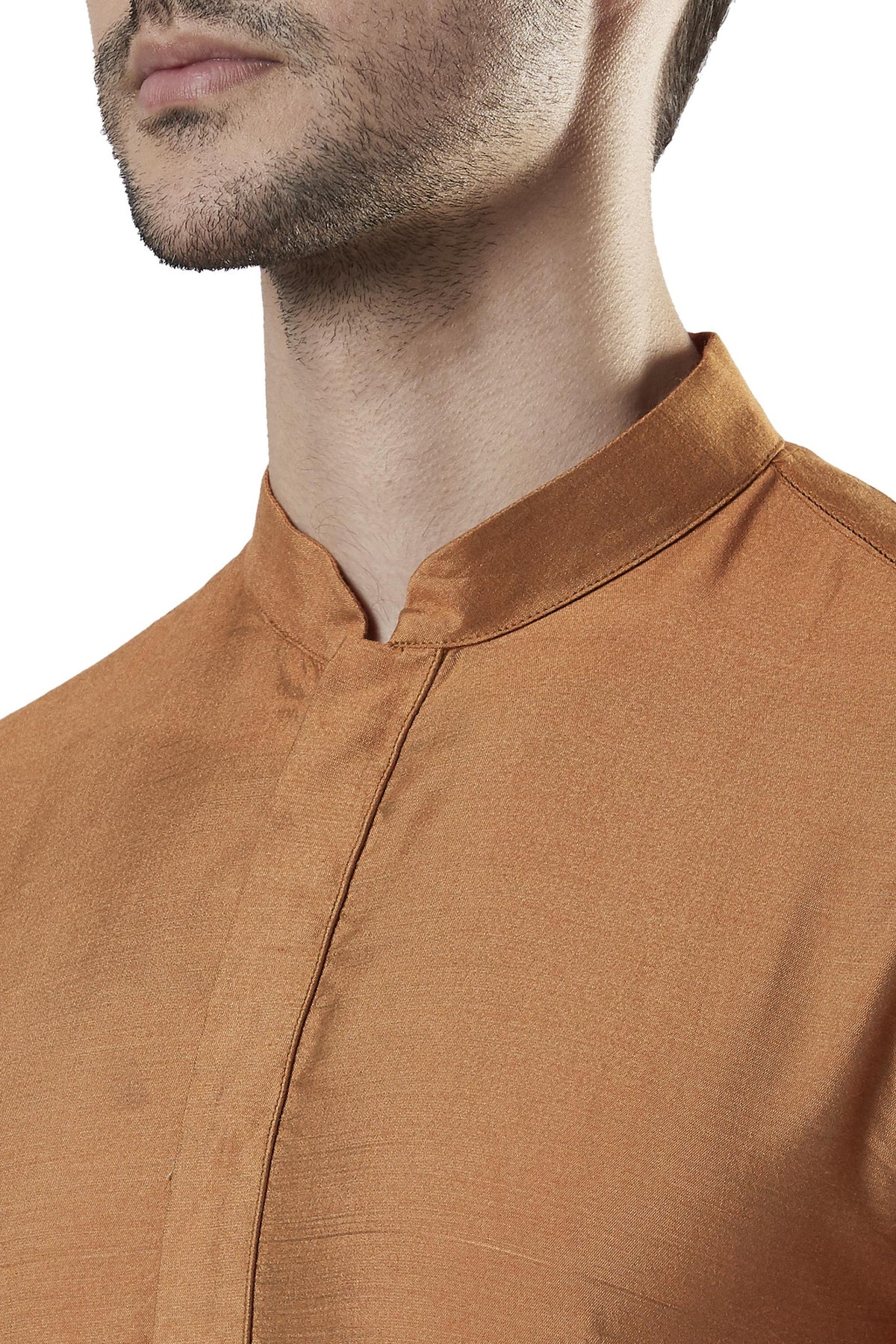 Ethnix Men's Beige Classic Silk Blend 2-Piece Kurta Pajama Set, close-up of the collar and placket