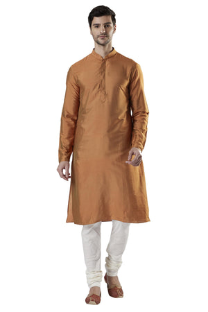 Ethnix Men's Beige Classic Silk Blend 2-Piece Kurta Pajama Set, front full-length view