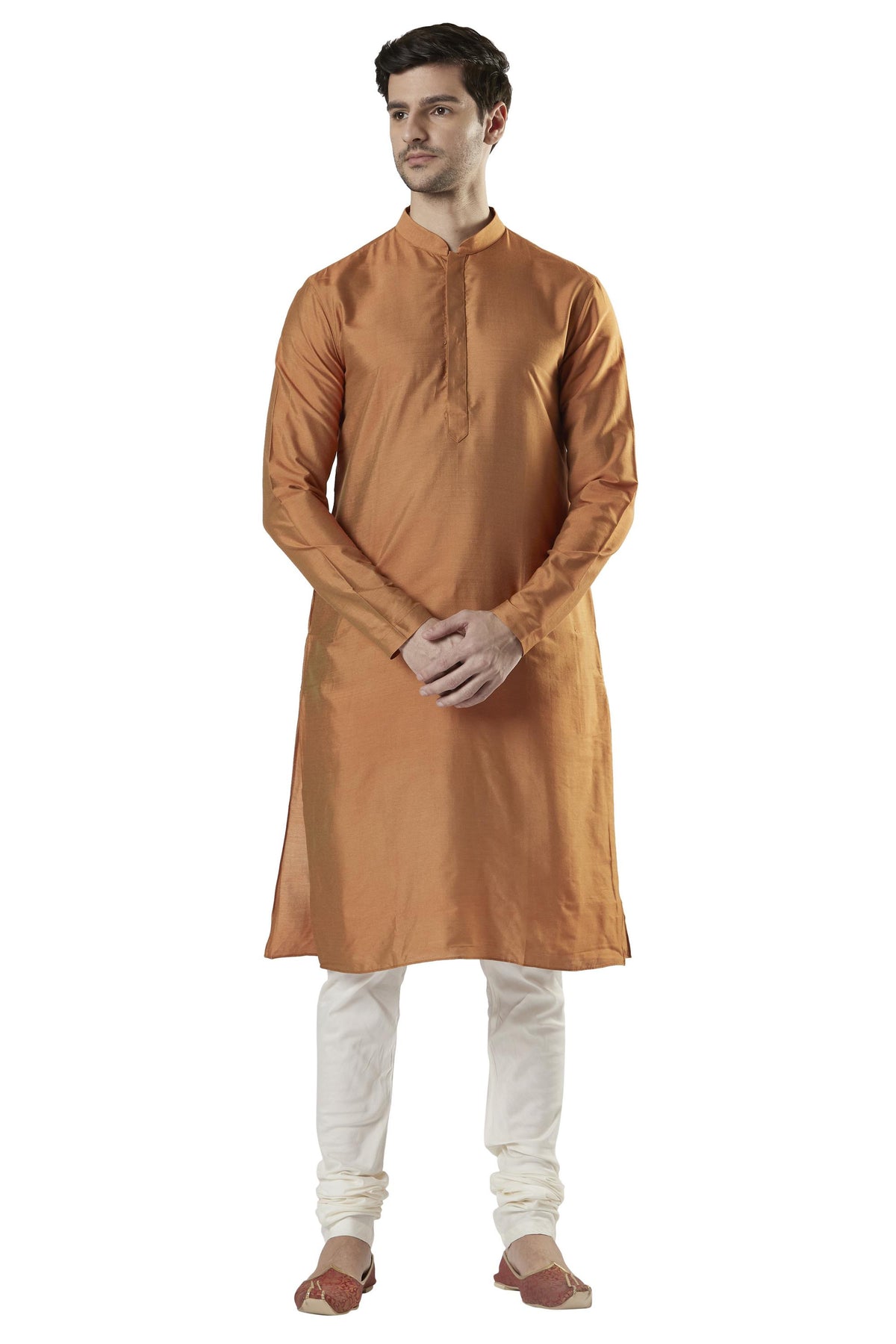 Ethnix Men's Beige Classic Silk Blend 2-Piece Kurta Pajama Set, front walking view