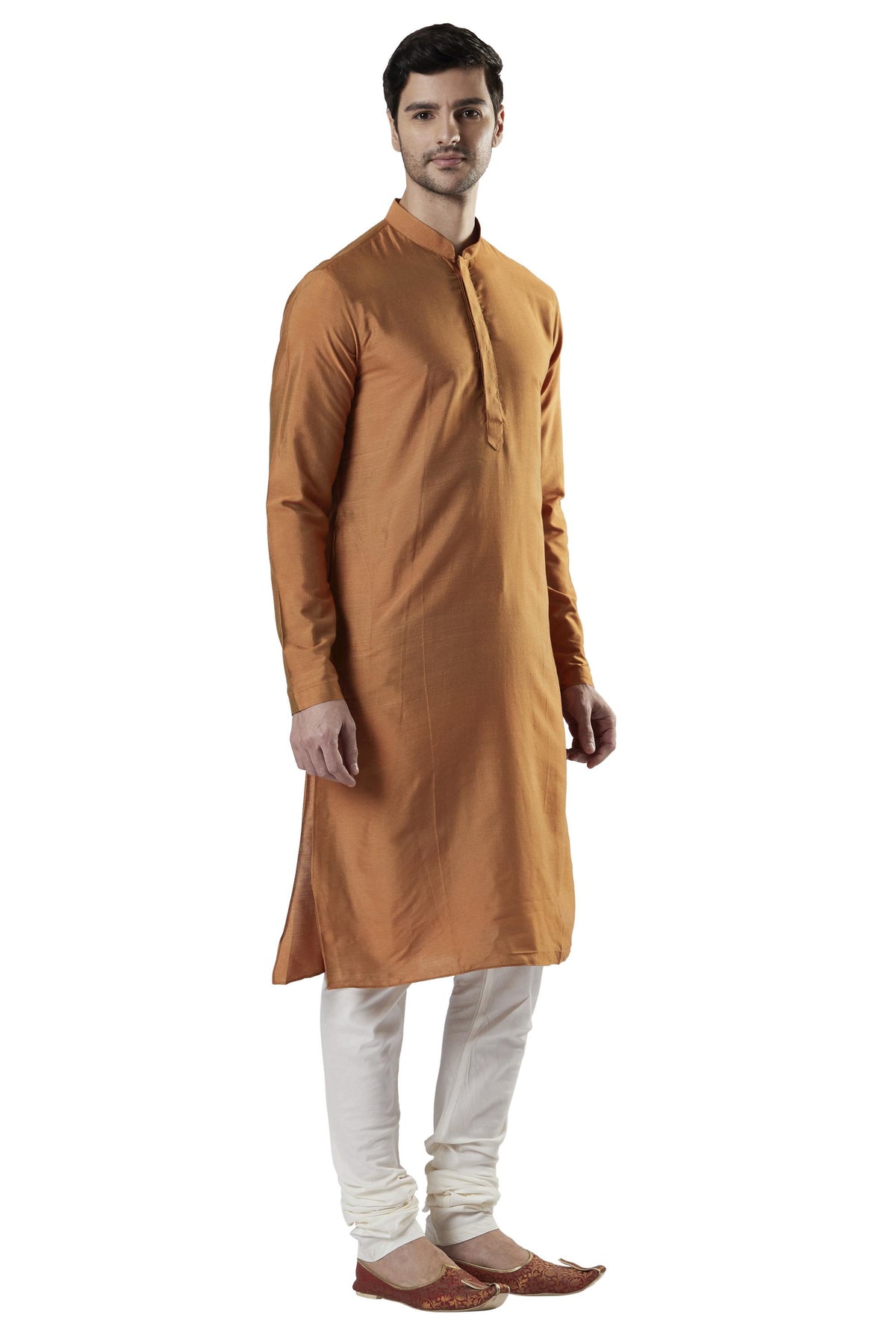 Ethnix Men's Beige Classic Silk Blend 2-Piece Kurta Pajama Set, left angled full-length view