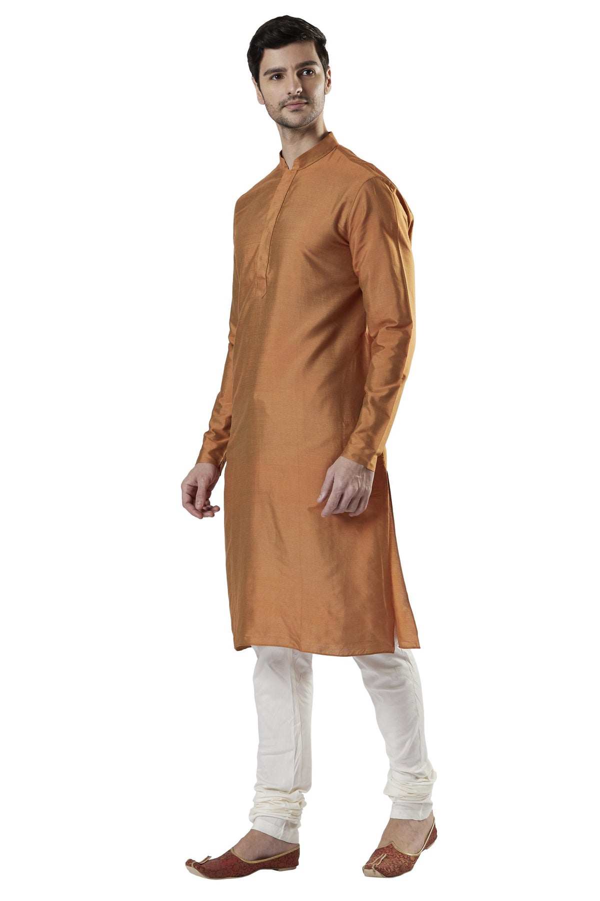 Ethnix Men's Beige Classic Silk Blend 2-Piece Kurta Pajama Set, right angled full-length view