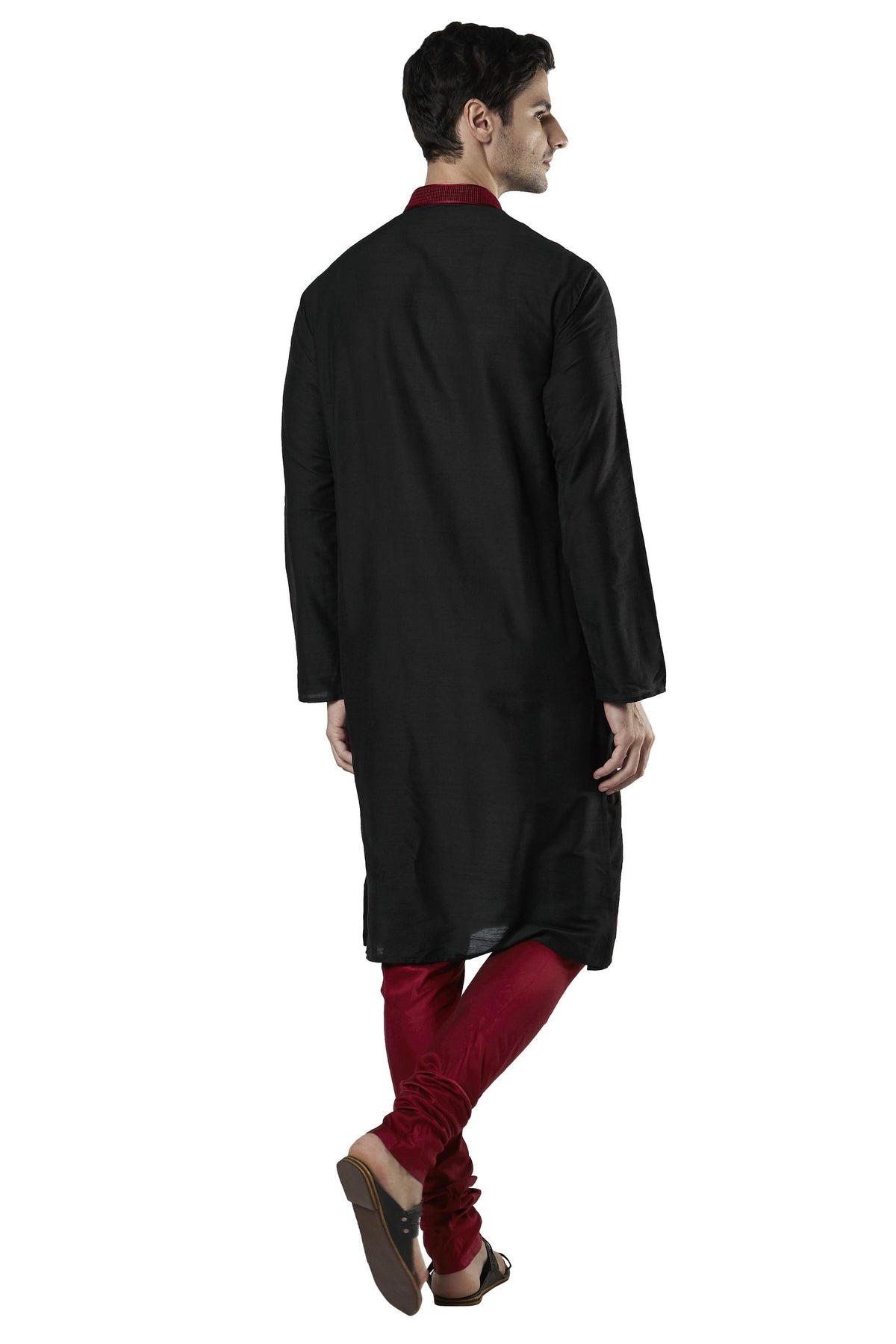 Ethnix Men's Black Embroidered Placket 2-Piece Kurta Pajama Set, back full-length view