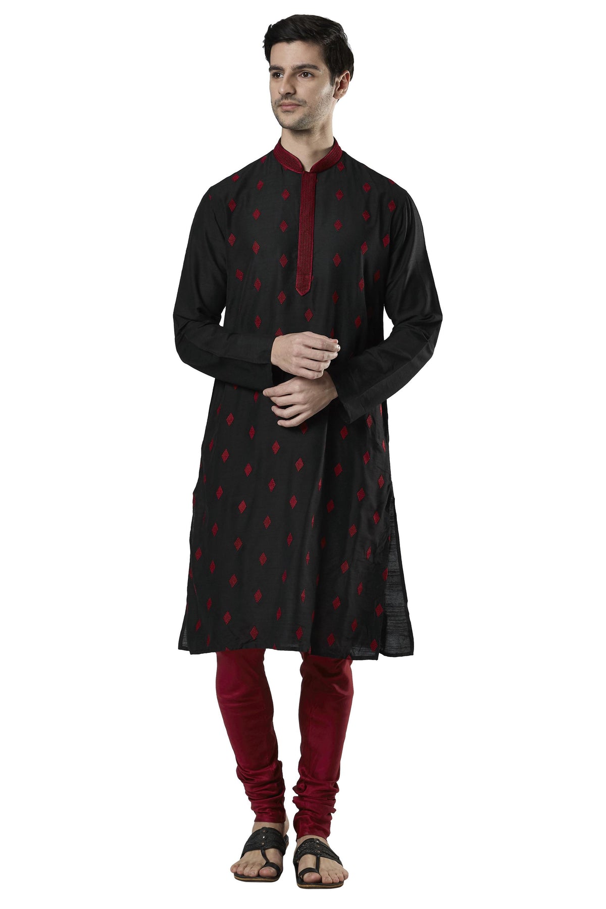 Ethnix Men's Black Embroidered Placket 2-Piece Kurta Pajama Set, front full-length view