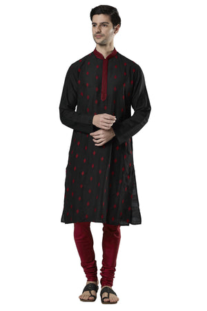 Ethnix Men's Black Embroidered Placket 2-Piece Kurta Pajama Set, front full-length view