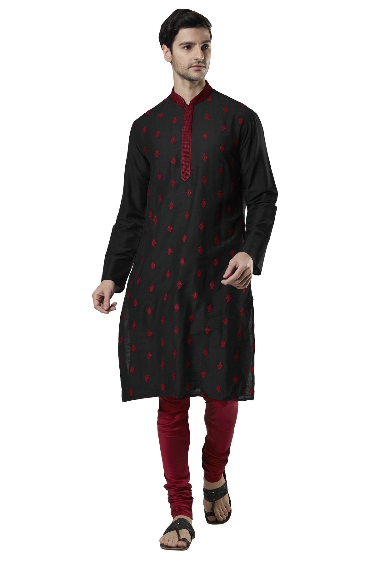 Ethnix Men's Black Embroidered Placket 2-Piece Kurta Pajama Set, front posed view