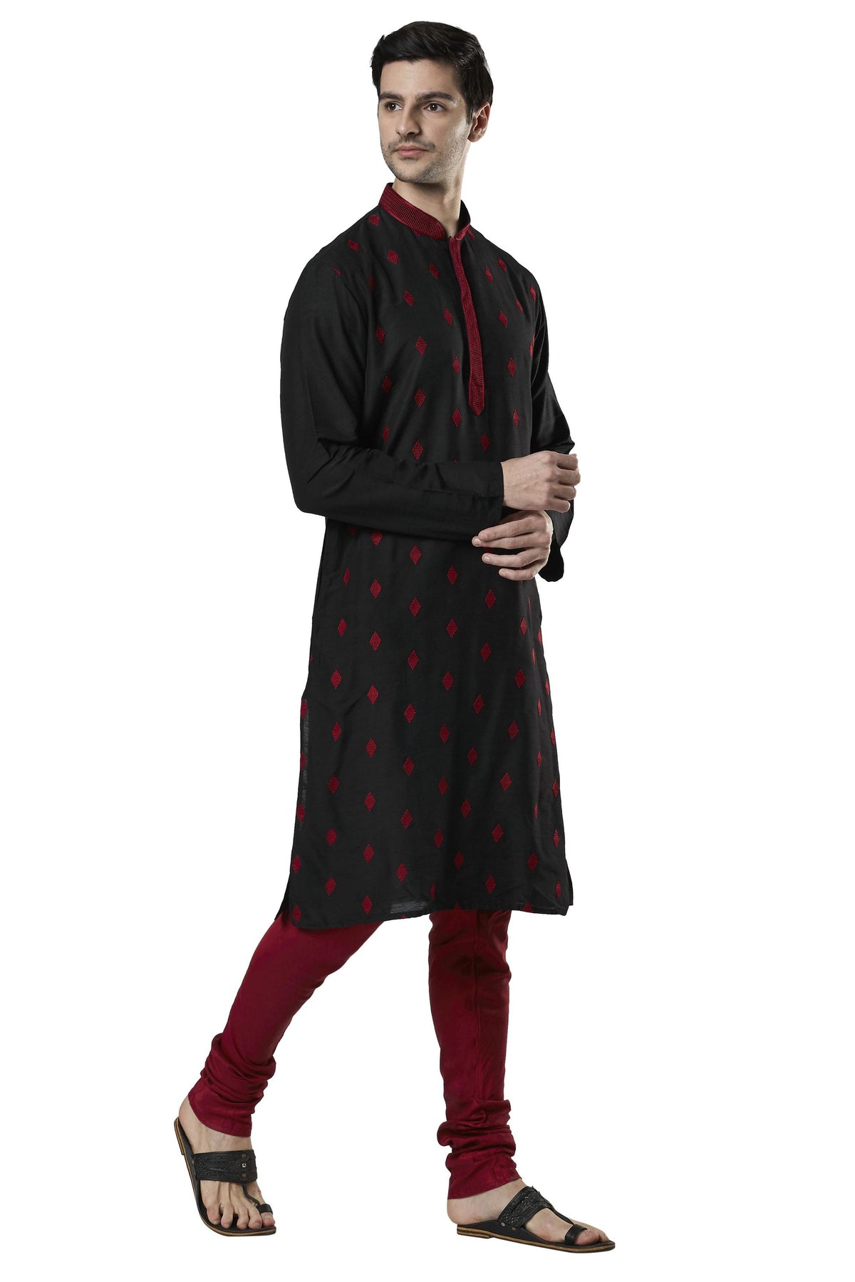 Ethnix Men's Black Embroidered Placket 2-Piece Kurta Pajama Set, left angled full-length view