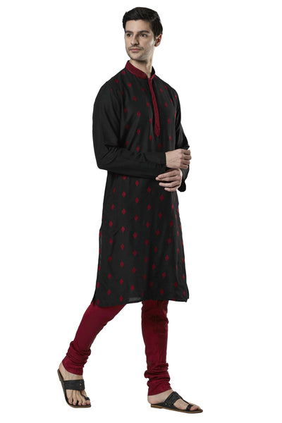 Ethnix Men's Black Embroidered Placket 2-Piece Kurta Pajama Set, left angled full-length view