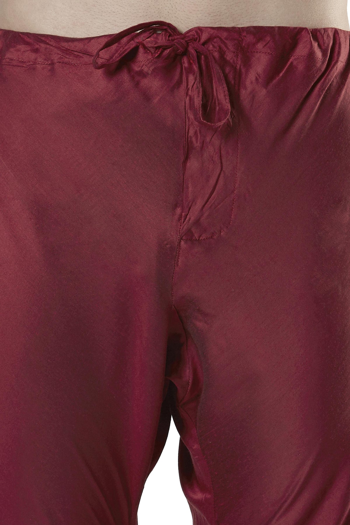 Ethnix Men's Black Embroidered Placket 2-Piece Kurta Pajama Set, close-up of the maroon drawstring Pajama
