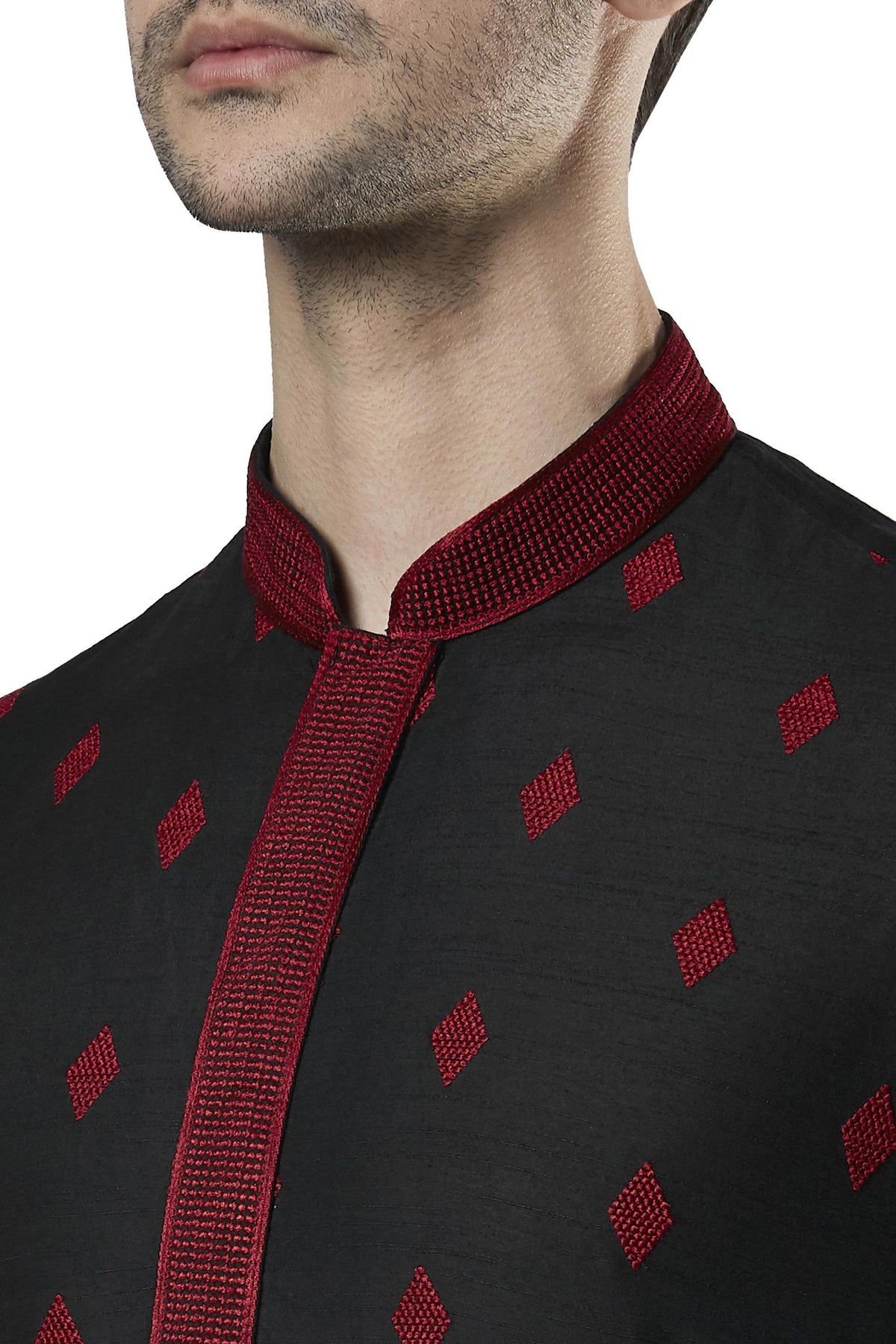 Ethnix Men's Black Embroidered Placket 2-Piece Kurta Pajama Set, close-up of the red embroidered collar and placket